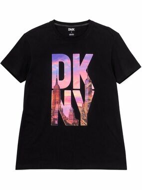 Dkny Black Tee with Sunset Skyline Graphic